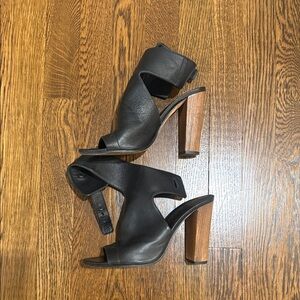 Vince Black Leather Open-Peep Block Heel Sandals